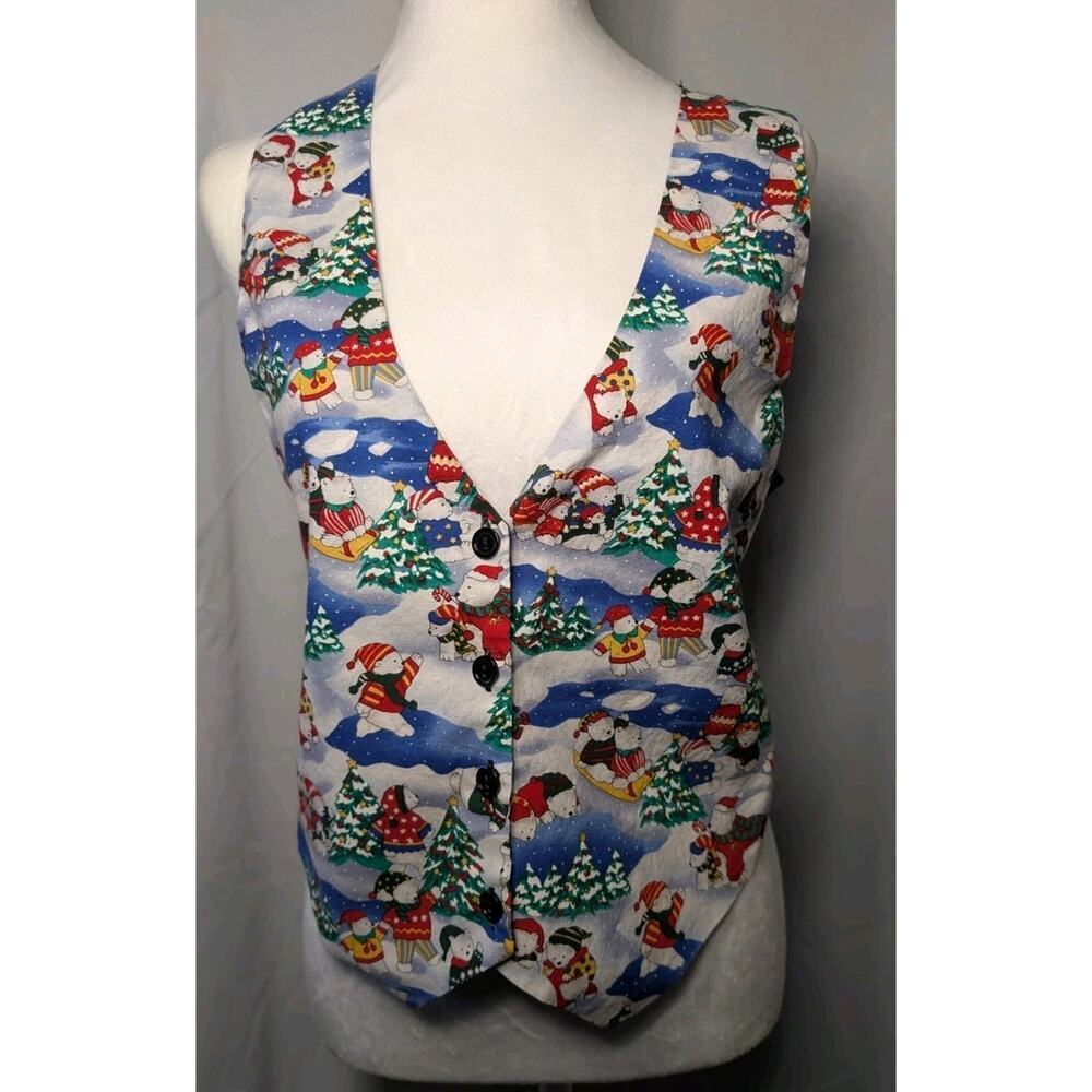 Vintage 111 Main Holiday Vest With Bears Sledding Trees Medium Christmas (717)‎